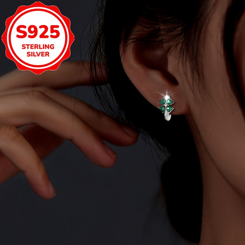 2pcs Women's S925 Silver Emerald Clover Stud Earrings